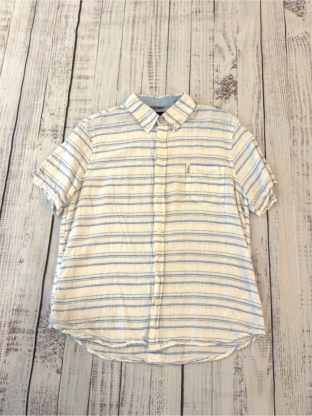 Ben Sherman Linen Blend Short Sleeve Button Up Mens L. White Blue Striped *read*